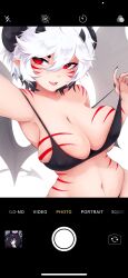 2025 belly belly_button black_bra black_hair blaire_rune blairevt body_markings bra bra_lift bra_strap breast_squish breasts bursting_breasts camera_view demon_horns demon_tail demon_wings erect_nipples_under_clothes fake_phone_screenshot female heavy_breasts horns indie_virtual_youtuber large_breasts lifting_own_clothes looking_at_viewer nonbinary off_shoulder panties phone_screen pointy_ears red_eyes red_stripes sagging_breasts selfie selfie_pose short_hair smiling smiling_at_viewer striped_body tail underwear virtual_youtuber vtuber white_hair wings