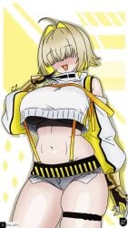 belly breasts chubby chubby_female elegg_(nikke) fangs female goddess_of_victory:_nikke hair_between_eyes hair_over_eyes korean_female large_breasts logo neon_hair nikke no_eyes short short_hair short_jeans signature smile tagme tim_heyderich twitter_username yellow_hair