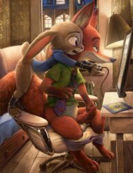 2017 animal_genitalia animal_penis anthro balls canine canine_penis clothing computer disney erection female fox judy_hopps knot lagomorph male mammal masturbation nick_wilde penile_masturbation penis pussy rabbit tricksta underwear zootopia