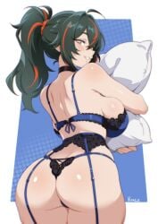 1girls ass big_ass big_breasts black_hair blue_bra blue_panties blush bottomwear bra breasts female female_only hair holding_object lace lace-trimmed_bra lace-trimmed_garter_belt lace-trimmed_panties lace_trim lingerie looking_back orange_eyes panties pillow pillow_grab ponytail smile solo solo_female thick_thighs thighs tied_hair topwear vizaz zenless_zone_zero zhu_yuan