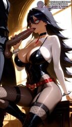 1boy _shouta ai_generated aiz back balls belt black_choker black_footwear black_garter_straps black_hair black_leotard black_lips black_nails black_thighhighs blue_eyes bodysuit boku_no_hero_academia boots breasts choker cleavage cuffs dark-skinned_male dark_penis dark_skin domino_mask erection fellatio female fishnet_thighhighs fishnets garter_belt garter_straps hair_between_eyes handcuffs high_heel_boots high_heels highleg highleg_leotard indoors interracial kissing_penis large_breasts large_penis leotard lips lipstick long_hair looking_at_viewer makeup male mask meitabuu midnight_(my_hero_academia) mole mole_under_eye my_hero_academia my_hero_academia:_vigilantes nail_polish on_table oral penis penis_out red_belt shrug_(clothing) sitting skin_tight skindentation solo_focus straight sunlight superhero testicles thighhighs thighs uncensored veins veiny_penis window