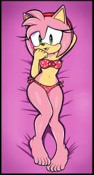 5_toes absurd_res amy_rose anthro bed blackmore blush blush_lines bodily_fluids breasts clothing eulipotyphlan feet female furniture hand_behind_head hedgehog hi_res mammal navel on_bed sega solo sonic_(series) sonic_the_hedgehog_(series) sweat sweatdrop swimwear toes two-piece_swimsuit