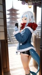 _teeth ai_generated alternate_costume architecture ass black_shorts blue_coat blue_eyes blue_gloves blue_hair blue_hoodie blue_jacket blue_nails blunt_bangs blush building cellphone coat dolphin_shorts east_asian_architecture feet_out_of_frame female fins fish_tail fur-trimmed_coat fur_trim gawr_gura gloves grey_hair grey_socks grin hair_ornament ho holding holding_phone hood jacket kneepits lantern long_hair long_sleeves looking_at_phone meitabuu mittens multicolored_hair nail_polish pagoda phone red_scarf scarf shark_girl shark_hair_ornament shark_tail short_shorts shorts shouji sliding_doors smartphone smile snow snowing socks solo standing streaked_hair tail teeth thighs two_side_up ve ve_english ve_myth virtual_youtuber white_hair white_socks winter winter_clothes winter_coat