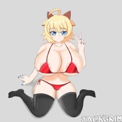 big_breasts bikini blazblue blonde_hair censored es_(xblaze) female huge_breasts jackgrim nail_polish peace_sign stockings xblaze