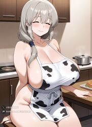 1girls 2025 ai_generated apron apron_only blush breasts busty chubby cleavage closed_eyes closed_eyes_smile cow_print curvaceous curvy curvy_body curvy_female curvy_figure detailed facing_viewer female female_focus female_only frilled_apron functionally_nude functionally_nude_female grey_hair hi_res huge_breasts illumaru indoors kitchen large_breasts long_hair massive_breasts mature_female milf mother naked_apron patreon_username side_ponytail smile solo stable_diffusion thick_thighs thighs uzaki-chan_wa_asobitai! uzaki_tsuki voluptuous voluptuous_female wide_hips