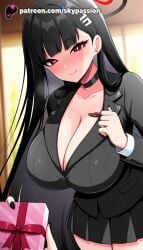 1girls 2025 ai_assisted ai_generated anime artist_name bangs black_hair blue_archive blunt_bangs blush box breast breasts breasts breasts bust chest chocolate choker cleavage closed_mouth clothed_female collarbone eyebrows_visible_through_hair female_focus gift gift_box heart heart-shaped_box heart-shaped_chocolate heavy_breathing hi_res high_quality high_resolution highres holding holding_box holding_gift incoming_gift jacket jewelry long_hair nail_polish patreon patreon_username pleated_skirt red_eyes rio_(blue_archive) skirt skypassion smile solo stable_diffusion sweat valentine very_long_hair watermark