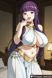 ai_generated bed bedroom big_breasts breasts cleavage dancer dancer_outfit female fern_(sousou_no_frieren) hand_to_own_mouth harem_outfit huge_breasts indoors long_hair looking_at_viewer midriff navel omega_weirdo open_mouth patreon purple_eyes purple_hair seductive seductive_look seductive_pose seductive_smile smile smiling smiling_at_viewer smug solo solo_female solo_focus sousou_no_frieren sticking_out_tongue