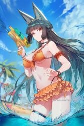 ai_generated animal_ear_fluff animal_ears arm_strap bare_shoulders beach bikini black_choker black_hair blue_sky blunt_bangs braid breasts choker cleavage closed_mouth cloud day female fox_ears frilled_bikini frills hikari406 holding holding_water_gun hoshimi_miyabi large_breasts long_hair looking_at_viewer navel orange_bikini outdoors palm_tree red_eyes sky solo stomach swimsuit thigh_strap tree uncensored very_long_hair wading water water_gun wet zenless_zone_zero