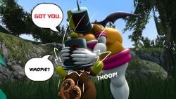 100acrew 2025 2girls anthro ass bat_girl bent_over big_ass big_breasts brainwashed breasts bucket_helmet chao_(sonic) chestplate chocola_the_chao chum_bucket chum_bucket_bucket_helmet drone female mind_control mobian mobian_(species) rouge_the_bat sega sfm sonic_(series) sonic_the_hedgehog_(series) source_filmmaker speech_bubble standing
