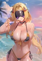 ai_generated bare_shoulders beach bikini black_bikini black_choker blonde_hair breasts choker cleavage closed_mouth cloud collarbone detached_hair female hair_ornament head-mounted_display headgear highleg highleg_bikini hikari406 large_breasts long_hair navel ocean outdoors parted_bangs side-tie_bikini_bottom sky smile solo stomach swimsuit trigger_(zenless_zone_zero) uncensored very_long_hair zenless_zone_zero
