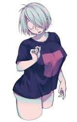 alternate_costume big_breasts bottomless cowboy_shot cute_fang female female_only gegege_no_kitarou genderswap_(mtf) hair_over_one_eye kitarou_tanjou_gegege_no_nazo mainasu medama_oyaji_(human) milf nipple_bulge no_bra restricted_palette rule_63 short_hair solo t-shirt white_hair
