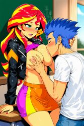 1boy 1girls ai_generated areolae big_breasts blush breast_sucking breasts chalkboard classroom desk equestria_girls exposed_breasts female flash_sentry friendship_is_magic groping groping_breasts hasbro holding_head jacket large_breasts leather leather_jacket male my_little_pony nai_diffusion nail_polish navel nipples no_bra novelai open_mouth romantic romantic_couple shirt_lift skirt stable_diffusion straight sunset_shimmer thighs