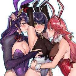 3girls @_@ animal_ear_hairband animal_ears armpits bare_arms blush breasts cleavage closed_mouth commentary earrings english_commentary fake_animal_ears fox_ears genshin_impact girl_sandwich grabbing_another's_breast groping hairband hand_on_another's_waist highres jewelry kiegenshin kujou_sara large_breasts leotard long_hair multiple_girls pink_hair playboy_bunny purple_eyes purple_hair purple_leotard purple_shrug rabbit_ear_hairband rabbit_ears raiden_shogun sandwiched simple_background smile strapless strapless_leotard white_background wrist_cuffs yae_miko yellow_eyes yuri