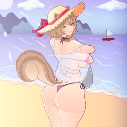 animal_ears ass ayunda_risu beach big_ass bikini bikini_under_clothes boat breasts brown_hair fat_ass female green_eyes hat hololive hololive_indonesia hololive_indonesia_area_15 large_breasts lewdlymn looking_at_viewer looking_back ocean outdoors pink_bikini round_ass smile solo squirrel_ears squirrel_girl squirrel_tail straw_hat sun_hat swimsuit tail teasing teasing_viewer thick_thighs thong thong_bikini transparent_clothing virtual_youtuber watercraft