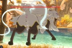 2025 3d_background antlers anus ass backsack balls celesdir cliff colored deer digital_media_(artwork) feral forgottenscales gameplay_mechanics genitals grass gui health_bar hi_res hooves horn level_number majestic male male_feral mammal mixed_media open_mouth outside pal_(species) palworld perineum pink_anus pink_eyes plant pocketpair quadruped rear_view shaded short_tail sky solo tail tree water watermark