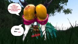100acrew 2025 2girls anthro ass ass_focus bat_girl big_ass big_breasts brainwashed brainwashing breasts bucket_helmet chao_(sonic) chocola_the_chao chum_bucket chum_bucket_bucket_helmet drone female mind_control mobian mobian_(species) rouge_the_bat sega sfm sonic_(series) sonic_the_hedgehog_(series) source_filmmaker speech_bubble standin standing