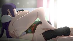 2girls accurate_art_style bedroom black_hair blush boruto:_naruto_next_generations boruto:_two_blue_vortex braided_twintails breasts cleavage closed_eyes clothed_sex cuddling curtains dress female female/female female_only indoors kakei_sumire kissing long_hair lying_on_back lying_on_bed lying_on_side multiple_girls naruto naruto_(series) no_bra optimystic panties post-timeskip purple_hair pussy sarada_uchiha shirt short_hair shorts skirt socks topless twintails very_long_hair window yuri