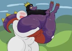 absurd_res anthro ass balls bellyboi13 big_butt blush bodily_fluids clothing duo faceless_character faceless_male full_nelson genital_fluids genitals hi_res holding_both_legs hoodie huge_butt leezpunk legs_up lifting_another lizard looking_pleasured male male/male male_penetrated male_penetrating male_penetrating_male nude pal_(species) palworld penetration penis pocketpair purple_body reptile scalie sex simple_background tail thick_thighs topwear yellow_eyes