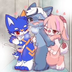 absurd_res anal anal_sex animal_genitalia animal_penis anthro blue_body blush bodily_fluids canid canine canine_genitalia canine_penis canis cat_smile countershading cum cum_drip cum_on_wall cumshot cumshot_in_ass dipstick_ears domestic_cat dripping ear_markings ejaculation eye_contact facial_markings felid feline felis femboy foot_tuft genital_fluids genitals gloves_(marking) grey_body group group_sex head_markings heart_symbol heel_tuft hi_res lagomorph leg_markings leporid looking_at_another looking_at_partner male male/male mammal markings masturbating_while_penetrated masturbation multicolored_ears narrowed_eyebrows one_eye_closed open_mouth penetration penile penile_penetration penis penis_in_ass pink_eyes rabbit ras_soy red_eyes sex socks_(marking) tears tiptoes tongue tongue_out train_position trio tuft white_body white_countershading wolf
