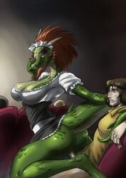 2017 ambiguous_penetration anthro argonian ass bedroom_eyes breasts chair_position chochi clothed clothing duo erection female from_behind_position half-closed_eyes hi_res human human_on_anthro interspecies lifts-her-tail looking_back maid_uniform male male_human/female_anthro mammal open_mouth penetration penis public scalie seductive sex smile straight teeth the_elder_scrolls theater tongue tongue_out uniform vein veiny_penis video_games yellow_eyes