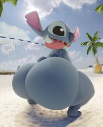 2025 3d_(artwork) absurd_res aidenz alien ass ball beach beach_ball big_butt blue_body blue_fur butt_focus crouching digital_media_(artwork) disney experiment_(lilo_and_stitch) fur hi_res inflatable lilo_and_stitch looking_back male notched_ear outside palm_tree plant rear_view small_tail solo stitch_(lilo_and_stitch) tail tongue tongue_out tree
