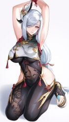 1girls big_breasts bondage breasts female female_only genshin_impact light-skinned_female shenhe_(genshin_impact) solo tied_up white_hair