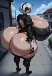 ai_generated huge_breasts hyper_ass hyper_breasts leotard nier:_automata outdoors thighhighs white_hair yorha_2b
