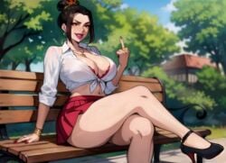 ai_generated asian_female avatar_the_last_airbender azula bench black_hair blackroga blouse high_heels legs_crossed light-skinned_female middle_finger park school_uniform sexy short_skirt skirt thick_legs voluptuous