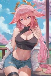 ai_generated alternate_costume animal_ears bare_shoulders black_thighhighs blue_sky breasts cherry_blossoms cleavage cleavage_cutout closed_mouth clothing_cutout cloud cowboy_shot crop_top cutoffs day denim denim_shorts earrings female floppy_ears fox_ears genshin_impact hair_between_eyes hair_ornament hikari406 jacket jewelry large_breasts long_hair long_sleeves looking_at_viewer midriff navel off_shoulder open_clothes open_jacket outdoors panty_straps petals pink_hair purple_eyes shirt short_shorts shorts single_thighhigh sitting sky sleeveless sleeveless_shirt smile solo stomach thighhighs thighs torn_clothes torn_shorts uncensored very_long_hair white_jacket yae_miko