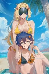 2girls ai_generated bare_shoulders beach beach_towel belle_(zenless_zone_zero) bikini black_bikini blonde_hair blue_hair blue_sky breast_rest breasts breasts_on_head cleavage cloud collarbone day earrings female frilled_bikini frills green_eyes grin hair_between_eyes hair_ornament hairclip headgear hikari406 jewelry kneeling large_breasts long_hair looking_at_viewer multiple_girls ocean orange_bikini outdoors palm_tree parted_bangs short_hair shorts side-tie_bikini_bottom sitting sky smile swimsuit tagme tree triangle_hair_ornament trigger_(zenless_zone_zero) uncensored very_long_hair yellow_bikini zenless_zone_zero