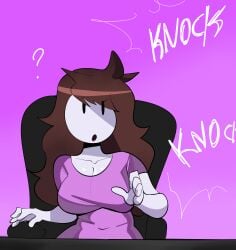 1girls :o ? breasts clothed clothed_female clothing dialogue english_text female female_focus female_only jaiden jaiden_animations looking_at_viewer medium_breasts open_mouth open_smile pink_background simple_background sitting sole_female solo solo_female solo_focus surprised surprised_expression tayuri text white_body white_skin