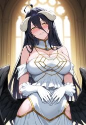 ahoge ai_generated albedo_(overlord) bare_shoulders black_hair black_wings blush breasts cleavage demon_girl demon_horns demon_wings detached_collar dress feathered_wings female gloves hair_between_eyes hip_vent horns indoors large_breasts long_hair looking_at_viewer low_wings overlord_(maruyama) parted_lips shadowrealmarts slit_pupils smile solo uncensored very_long_hair white_dress white_gloves white_horns window wings yellow_eyes