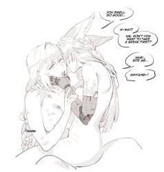 2girls bite_mark blush bruise dialogue female finger_in_mouth fox_ears hoshimi_miyabi maiqo monochrome robotic_arm scars sitting_on_lap sweat text text_bubble tsukishiro_yanagi yuri zenless_zone_zero