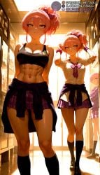 2girls 3girls abs ai_generated arms_behind_back arms_up ass_visible_through_thighs back badge bare_shoulders black_socks black_sports_bra blush bow bowtie breasts brown_footwear button_badge cleavage closed_mouth clothes_around_waist collarbone collared_shirt feet_out_of_frame female gyaru hair_between_eyes hairbow idolmaster idolmaster_cinderella_girls indoors jacket jacket_around_waist jougasaki_mika kneehighs kogal large_breasts loafers long_hair looking_at_viewer loose_bowtie medium_breasts meitabuu midriff miniskirt multiple_girls navel parted_lips pink_hair plaid plaid_skirt pleated_skirt ponytail purple_bow purple_bowtie purple_skirt school_uniform scrunchie shirt shoes short_sleeves siblings sisters skirt smile socks sports_bra standing stomach striped_bow sweat sweater sweater_around_waist thighs toned white_shirt wrist_scrunchie yellow_eyes
