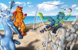 2025 absurd_res aroused ass backsack ball balls beach beach_background beach_ball bear blue_body blue_eyes blue_fur bodily_fluids catching claws cloud day dragon dripping erection exhibitionism fish fluffy foreskin fur furred_dragon furred_scalie galma galma_(character) genital_fluids genitals green_body green_fur grey_body group hi_res horn inflatable koda_(oga) lempi light male mammal marine mythological_creature mythological_scalie mythology net nude nude_anthro nude_beach open_mouth orange_body orange_fur outside penis playing precum precum_drip red_body red_fur sand scalie sea seaside shark shore shoreline signature sky skyscape sport summer sunlight tail teamwork teeth teeth_showing text uncircumcised url volleyball volleyball_net water white_body