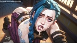 absurd_res after_fellatio after_oral after_orgasm after_sex ai ai_art ai_generated arcane arcane_jinx ass azure993 blue_hair braided_hair breasts cum cum_drip cum_inside cumshot cumshot_in_mouth cumshot_on_face facial female female_focus girly hi_res high_quality high_resolution highres indoors jewelry jinx_(league_of_legends) league_of_legends lips lipstick long_hair looking_at_viewer looking_down makeup moaning moaning_in_pleasure nipples nude open_mouth parted_lips post_orgasm purple_eyes pussy riot_games ripped_clothing sex solo_focus spread_legs straight striped_legwear thighs twintails uncensored