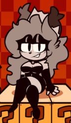 argyle big_hair boots breasts checkered checkered_floor chibi cleavage elbow_gloves female gloves grin horns long_hair medium_breasts sitting smile solo thigh_boots thighhighs tile_floor tile_wall tiles