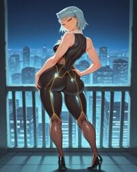 ai_generated black_bodysuit black_clothing blonde_hair blue_eyes bodysuit cityscape clothed_female contrapposto earring female fishnet from_behind full_body goonsmith gyakuten_saiban hand_on_hip high_heels karuma_mei large_ass looking_at_viewer night seductive_smile short_hair skintight_bodysuit sole_female solo taimanin_suit