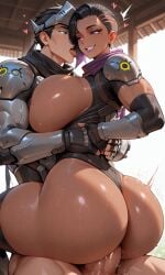 1boy 1girl ai_generated big_breasts black_hair dark_skinned_female excited genji huge_ass huge_cock interracial overwatch purple_hair riding_penis sombra