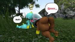 100acrew 1boy 1girls 2025 anthro ass ass_focus big_ass brainwashed breasts bucket_helmet chao_(sonic) cheese_the_chao chocola_the_chao chum_bucket chum_bucket_bucket_helmet confused_expression crouching dog_pose drone female growing male mind_control sega sfm sonic_(series) sonic_the_hedgehog_(series) source_filmmaker speech_bubble
