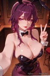 2025 ai_generated animal_ears bangs bare_shoulders black_bow black_bowtie black_leotard bow bowtie breasts cleavage closed_mouth collarbone covered_navel detached_collar fake_animal_ears female female female_focus fingernails hand_up highleg highleg_leotard honkai:_star_rail honkai_(series) hoyoverse indoors kafka_(honkai:_star_rail) large_breasts leotard lips lipstick long_hair looking_at_viewer makeup mihoyo mole mole_on_breast nsfw outstretched_arm pantyhose playboy_bunny purple_eyes purple_hair rabbit_ears reaching_towards_viewer red_lips rognezart selfie shiny shiny_clothes shiny_skin sidelocks smile solo stool strapless strapless_leotard v wrist_cuffs