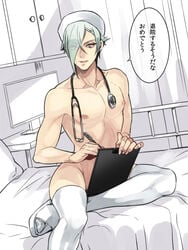 1boy androgynous bed bishop hospital looking_at_viewer male nurse sitting touken_ranbu uguisumaru undressing zuwai_kani