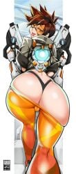 ass ass_focus back_view bayeuxman brown_eyes brown_hair female goggles gun holding jacket open_mouth overwatch overwatch_2 pants short_hair smile solo thighs tongue_out tracer tracer_(overwatch_2_suit) weapon