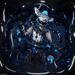 1:1 3d_(artwork) 4k absurd_res ambiguous_fluids animal_genitalia animal_penis anthro anthro_on_anthro balls biped black_body black_fur blender_(artwork) blender_cycles blue_body blue_fur blue_penis canid canine canine_genitalia canine_penis canis claws depth_of_field digital_media_(artwork) dragonplayer dragonplayer_(character) erection fox fur genitals goo_transformation grey_body grey_fur hair hi_res inside jex jexouium knot latex male mammal multicolored_body nude open_mouth penis reflection restrained restrained_by_tentacles rexouium slim slim_anthro slim_male slim_sub slime solo submissive submissive_male tail tentacle transformation white_body white_fur