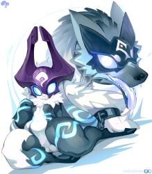 :3 animal_ears ass black_fur body_fur body_markings colored_tongue female fur_collar furry furry_female fusion glowing glowing_eyes glowing_markings green_tongue highres kindred_(league_of_legends) krokobyaka lamb_(league_of_legends) league_of_legends mask midna pussy sheep_ears shortstack simple_background sitting smile the_legend_of_zelda the_legend_of_zelda:_twilight_princess white_background white_fur wolf_(league_of_legends)