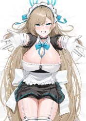 1girls absurdres apron asuna_(blue_archive) black_dress blonde_hair blue_archive blue_eyes blue_ribbon blush bow bowtie breasts choker cleavage detached_collar dress elbow_gloves garter_straps gloves grin hair_over_one_eye hair_ribbon halo headset highres large_breasts long_hair looking_at_viewer maid maid_headdress outstretched_arms pleated_skirt puffy_short_sleeves puffy_sleeves ref_(pmxt4483) ribbon short_dress short_sleeves skirt smile solo thighhighs thighs very_long_hair waist_apron white_apron white_gloves white_thighhighs