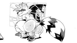 anthro anus ass backsack balls biped black_and_white bodily_fluids control_panel digital_media_(artwork) facial_markings feet flaccid fluffy fluffy_tail fur genitals guardians_of_the_galaxy head_markings hi_res inside kneeling looking_at_viewer looking_back looking_back_at_viewer machine male male_anthro mammal markings marvel marvel_rivals mask_(marking) mohawk monochrome nsfuwu4 nude nude_anthro nude_male pawpads paws penis perineum presenting presenting_anus presenting_hindquarters procyonid raccoon robotic_arm rocket_raccoon science_fiction short short_anthro short_male simple_background smile smirk solo space spacecraft sweat tail teeth teeth_showing toes vehicle white_background