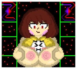1boy 1girls big_breasts blush breasts brown_hair chara chara_(undertale) closed_eyes female flowey flowey_the_flower hands_on_breasts head_between_breasts head_squeeze huge_breasts male nipples pillow_shading pixel_art red_eyes self_upload squeezing squeezing_breasts squeezing_head undertale undertale_(series) zixy