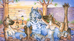 ambiguous_gender anthro beverage breasts bubble embrace equine eye_contact female group hyena lantern lying male mammal mane nipples nude on_back one_leg_up open_mouth outside predator/prey simple_background sitting smile traditional_media_(artwork) tree trisha watercolor_(artwork) zebra