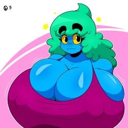 :3 bloob_(omegabrawl) blue_skin breasts female green_hair looking_at_viewer magenta_tank_top massive_breasts omegabrawl wholesome yellow_eyes